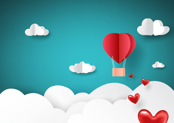 Paper Art Stil der Liebe Konzept Grußkarte mit roten Heißluftballon fliegen auf sky.Vector Illustration. - Vektor, Bild