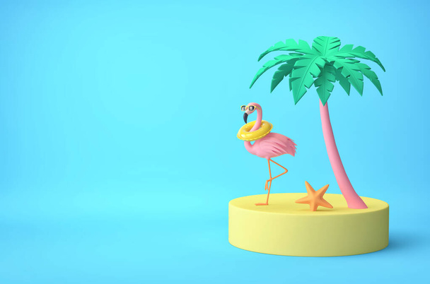 Île tropicale avec palmier et drôle de flamant rose sur fond bleu. Concept vacances d'été. rendu 3D - Photo, image