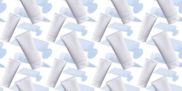 Nahtlose Muster der Hautpflege kosmetische Verpackung Produkt auf weißem Hintergrund. Medizinisches Serum, Kollagen oder Reinigungslotion - Foto, Bild