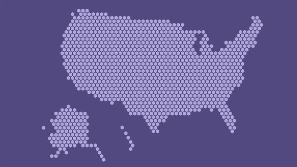 Μωβ εξαγωνικό pixel χάρτη των ΗΠΑ. Εικονογράφηση διάνυσμα Ηνωμένες Πολιτείες εξάγωνο χάρτη διάστικτο ψηφιδωτό. 727 727 728 728 728 728. - Διάνυσμα, εικόνα