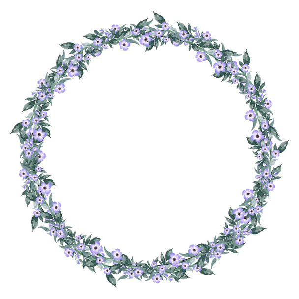 Vintage water color small purple flower and green leaves wreath frame illustration flower art decoration concept - Foto, Imagen