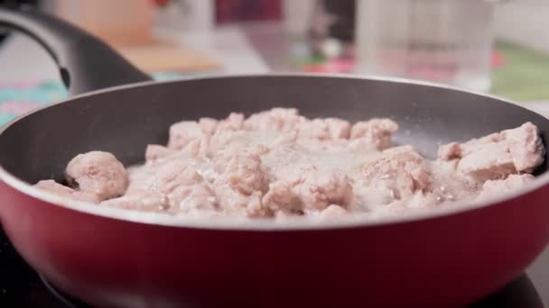 生肉の一部だ。鍋で豚肉を調理します。台所で昼食を用意する. - 映像、動画