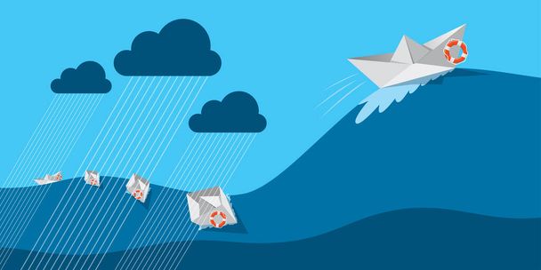 origami ship sailing through rain, wind and wave. surviving tough time, business resilience or life resilience concept - Vector, Image