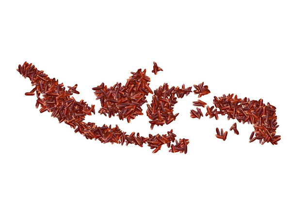 Indonesienkarte mit roten Reiskörnern auf weißem Hintergrund. Exportprodukte Agrar- oder Gesundheitskonzept. - Foto, Bild