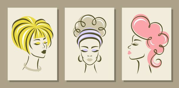 Conjunto de tres carteles abstractos con mujeres. Pinturas para decorar el interior de una peluquería, salón de belleza. Cabezas, caras de chicas con pelo rosa, amarillo, pestañas largas, cejas hermosas, labios. - Vector, Imagen