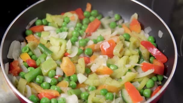 野菜のシチュー、クローズアップ。ベジタリアンフード、ジュース野菜。新鮮な野菜だ。スローモーション - 映像、動画