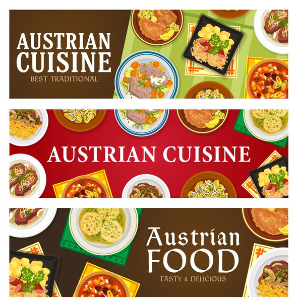 Rakouské kuchařské transparenty. Pečené hovězí esterhazy a tafelspitz, zelí s klobásou, dušený guláš a bramborový salát, uzel na knedlíky, krmivo pro párky - Vektor, obrázek