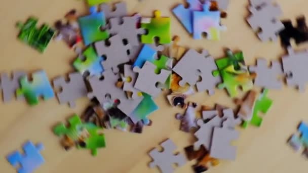 Loisirs en famille. Des pièces de puzzle étrangement formées, entrelacées et mosaïquées. Puzzle entièrement emboîtant tournant sur une table en bois - Séquence, vidéo