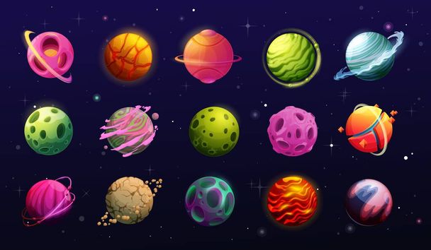 Pianeti spaziali, cartone animato fantasy galassia aliena. Elementi di interfaccia gioco, ui o gui. Pianeti, asteroidi e aureole fantastici dell'universo mondiale su orbite, crateri, anelli e magma nel cielo con stelle, meteoriti - Vettoriali, immagini