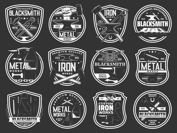 Blacksmith steel forging, iron and metal works workshop vector icons. Blacksmith foundry anvil and hammer in hand signs and metalwork emblems, forged products and custom iron works equipment tools - Vector, Image