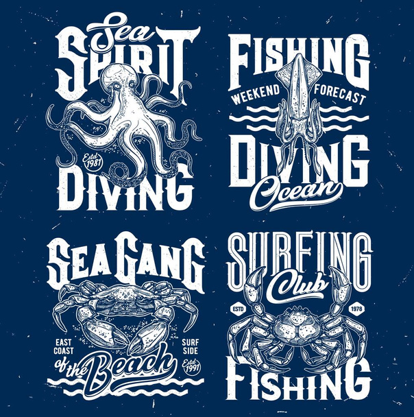 Fishing Camp t-shirt design, template, vector, vintage, apparel,  typography, Perch fish t-shirt print of fishing sport club vector design.  Ruffe river or lake water animal, fisherman catch with blue w Stock Vector