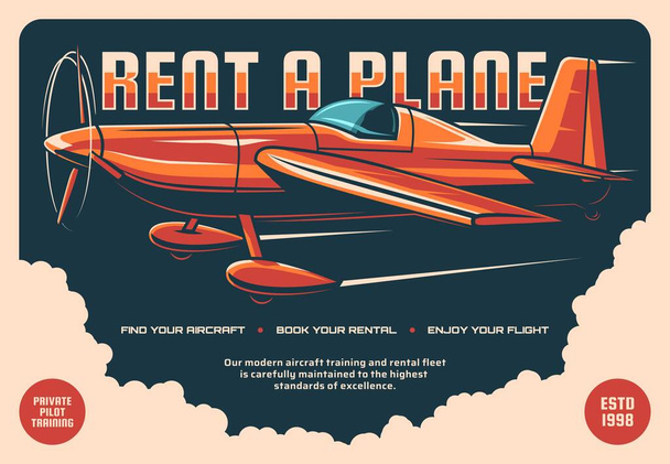 Půjčit si letoun retro vektorový plakát. Vintage vrtulové letadlo létající na obloze. Pronájem, letecká škola a soukromé pilotní výcvik, vzdělávací kurzy pro létavce a letáky reklama - Vektor, obrázek