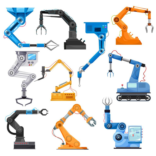 Industrial robotic arms of robot manipulator, vector. Manufacturing automation technology. Industrial articulated robots with rotary joints and mechanical hands with laser and welding torch - Vector, Image