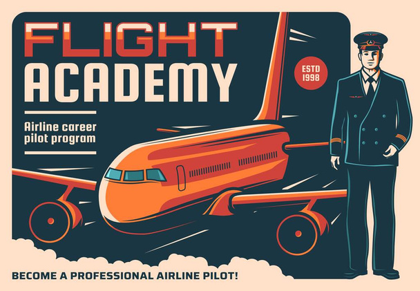 Pilot and airplane retro poster of vector aircraft staff, aviation, air travel and flight academy. Captain of passenger airline plane in blue uniform and cap with airplane on background - Vector, Image