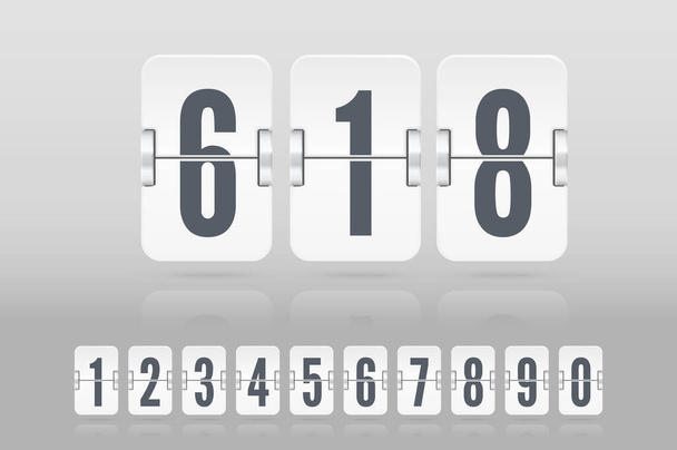 Conjunto de números blancos de tablero de puntuación de volteo flotando con reflexión para temporizador de cuenta atrás o calendario. Plantilla vectorial - Vector, imagen