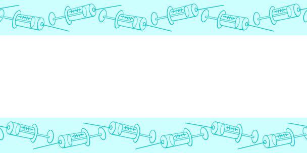 Vector frame, border made of contoured syringes. Horizontal top and bottom edging, decoration, background on theme of injections, treatment, vaccination, health and medicine in doodle style. - Vector, Image