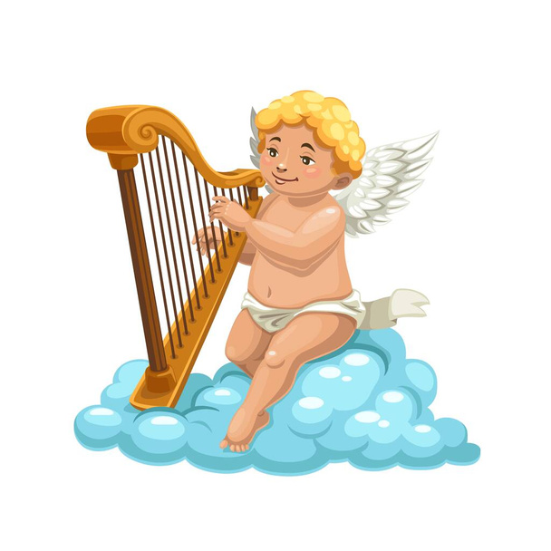 Kreskówkowy anioł Amor grający na harfie na chmurze, wektorowy charakter romantycznych wakacji. Amur, Cherub lub Eros postać z kreskówki z białymi skrzydłami i ładny uśmiech grając piosenkę miłosną na niebie chmury - Wektor, obraz