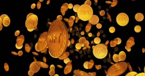 NFT Crypto Art ist ein Schleifenflug zwischen Goldmünzen. Abstrakter Hintergrund. 3D-nahtloses Schleifenkonzept von Sammlerstücken, Blockchain-Technologie und nicht fungiblem Token. - Filmmaterial, Video