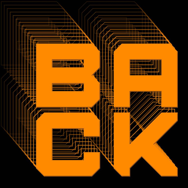 VOLTAR - lettering laranja como logotipo quadrado com efeito repetitivo no fundo preto - Ilustração 3D - Foto, Imagem