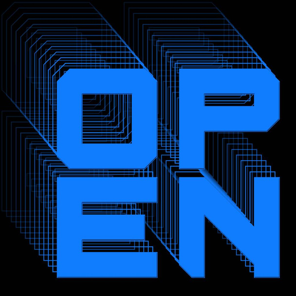 OPEN - blauer Schriftzug als quadratisches Logo mit Wiederholungseffekt auf schwarzem Hintergrund - 3D Illustration - Foto, Bild