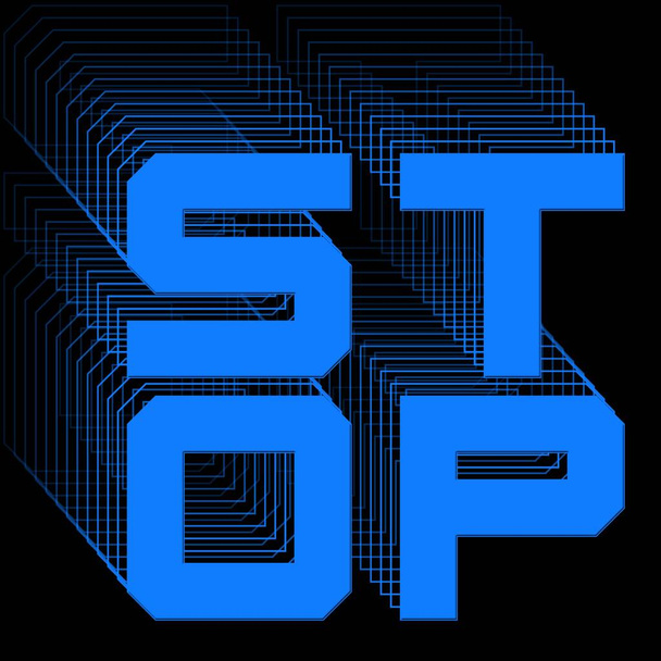 PARAR - letras azuis como logotipo quadrado com efeito repetitivo no fundo preto - Ilustração 3D - Foto, Imagem
