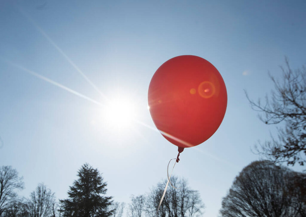 roter Luftballon und blauer Himmelshintergrund mit Sonne, Symbol für Freude und Glück - Foto, Bild