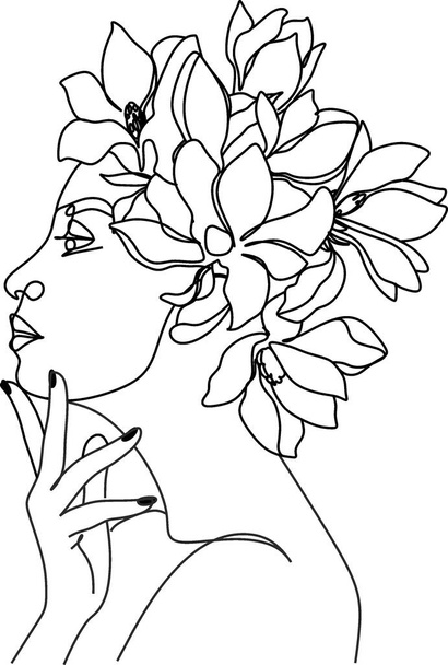 Femme ligne dessin ligne art fleur tête vecteur image. Logo - Vecteur, image