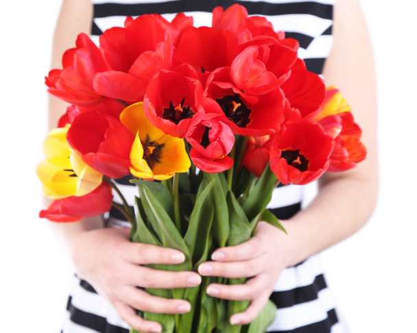 Colorful tulips in female hands isolated on white - Fotó, kép
