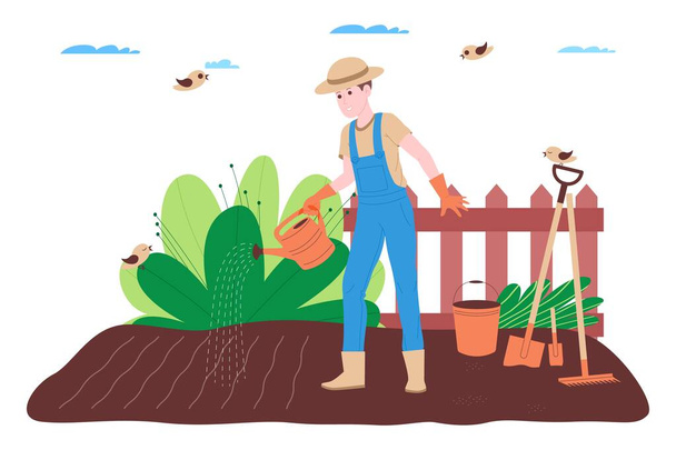 農場、農業、農業。農家の労働者は、農場、果樹園、または菜園で働いています:地面を掘ったり、ベッドを作ったり、野菜や果物の苗を植えたり、植物に水をやる. - ベクター画像