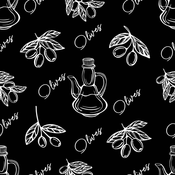 Huile d'olive motif sans couture. Modèle de branche d'olivier. Illustration vectorielle dessinée à la main - Vecteur, image
