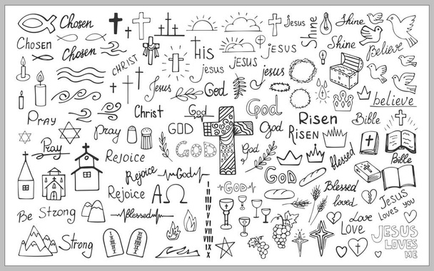 Big set of different Christian icons, labels, symbols and inscription. Hand drawn illustrations isolated on white background. For print and design religious accessories. Vector illustration - Vector, Image