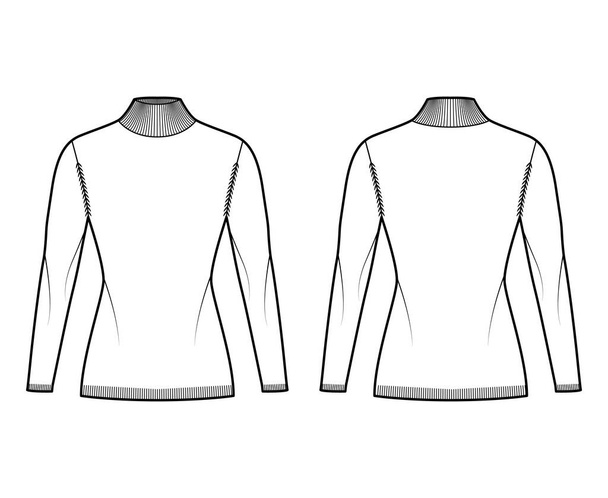 Garbó pulóver technikai divat illusztráció hosszú ujjú, felszerelt test, csípő hossza, kötött szegély. pulóver ruházat - Vektor, kép