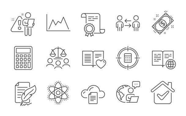 Feather signature, Teamwork business and Internet book line icons set. Court jury, Diagram and Calculator target signs. Certificate, Calculator and Payment symbols. Line icons set. Vector - ベクター画像