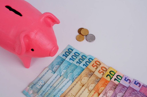 Brasilian rahaa ja vaaleanpunainen säästöpossu. Säästämisen käsite. - Valokuva, kuva