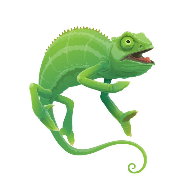 Kameleon wektor kreskówki zielony jaszczurka charakter zwierzęcia. Polowanie na gady w tropikalnej dżungli z otwartymi ustami, lepki język i obszerny ogon, maskotka lub symbol maskotki zoo na Madagaskarze - Wektor, obraz