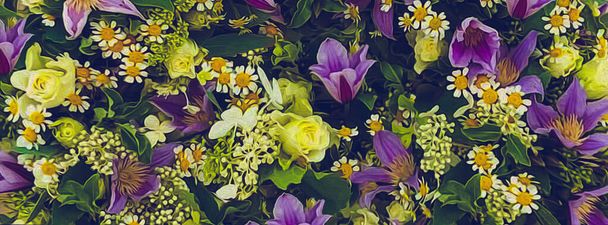 Fond de fleurs de marguerites, roses jaunes, clématites violettes et lilas blanc. Imitation peinture à l'huile. Illustration 3D. - Photo, image