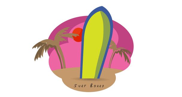 Wektor Ilustracja deska surfingowa światło zielony jasny niebieski brzeg nadmorskie lato z orzech kokosowy orzeźwiający koncepcja z zielenią w lecie - Wektor, obraz