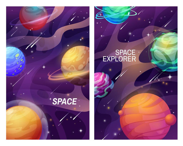 Espace et galaxie univers planètes de dessins animés, bannières vectorielles de l'espace. Planètes exotiques fantastiques et étoiles dans le ciel sombre avec des comètes, des météores et des astéroïdes, des satellites, des anneaux d'orbite et un halo - Vecteur, image