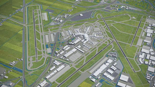 Amsterdam Schiphol Repülőtér - 3D modell légi renderelés - Fotó, kép