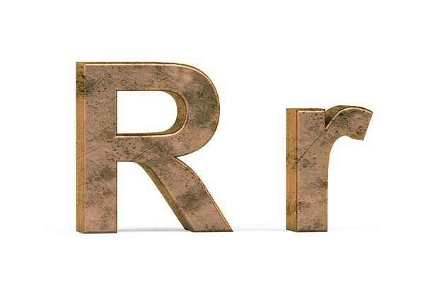 Ottone 3D lettera R - tridimensionale maiuscola e minuscola R coperto con vecchia texture in ottone su sfondo bianco - rendering 3d - Foto, immagini
