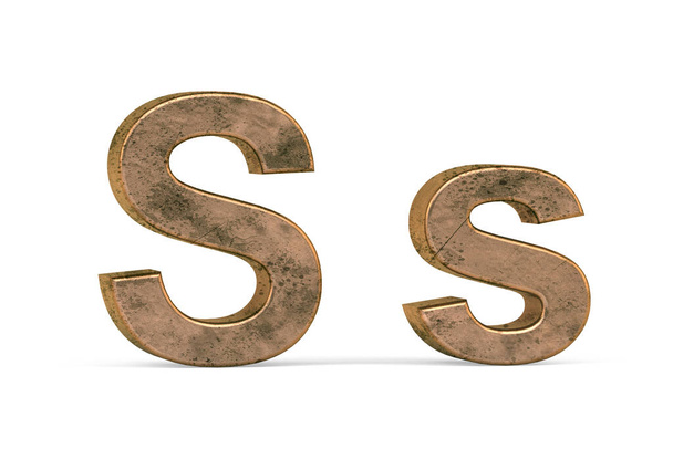 Mosiężna litera 3D S - trójwymiarowa duża i mała litera S pokryta starą mosiężną fakturą na białym tle - renderowanie 3D - Zdjęcie, obraz