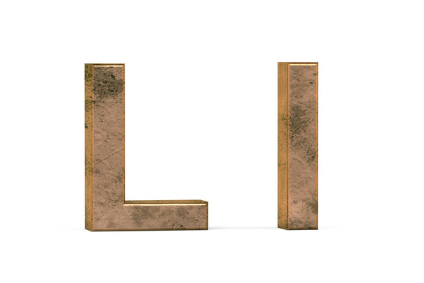 Messing 3D Buchstabe L - dreidimensionale Großbuchstaben und Kleinbuchstaben L bedeckt mit alter Messingstruktur auf weißem Hintergrund - 3D-Render - Foto, Bild