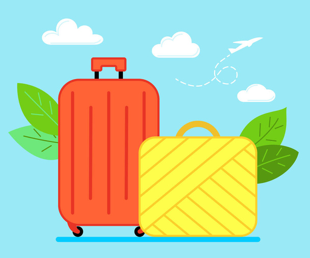 Piros modern bőrönd kerekeken és sárga retro tok. Fogalom a turizmus, utazás vagy üzleti utak. Poggyász a repülőhöz. Lapos vektor illusztráció - Vektor, kép