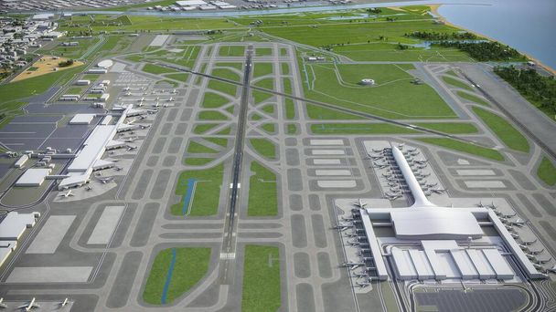 Josep Tarradellas Barcelona-El Prat Airport renderização aérea modelo 3D - Foto, Imagem