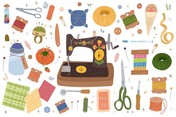 Sewing Kit collection. Needlework concept. Various sewing tools. - Vector, Image
