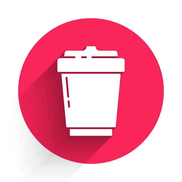 White Coffee cup to go icon isolated with long shadow. Red circle button. Vector Illustration. - Vektör, Görsel