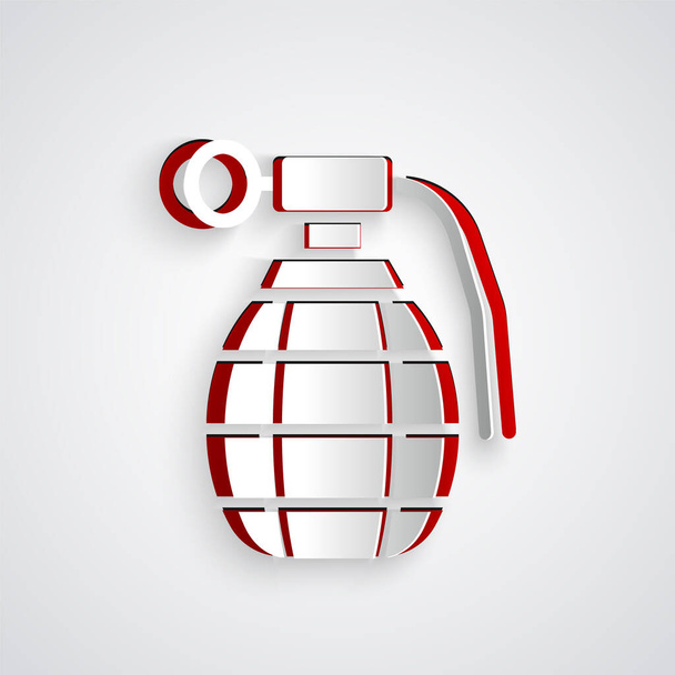 Paper cut Hand grenade icon isolated on grey background. Bomb explosion. Paper art style. Vector. - Vector, Image