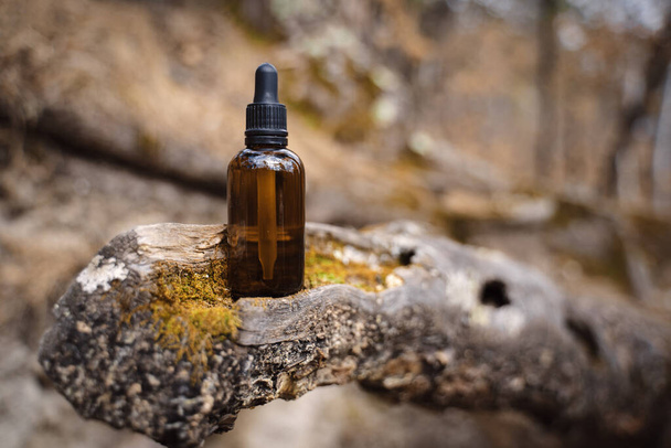 Serum for face in the forest. Skincare routine step for healthy skin. Essence for Healthy Skin. Filler for wrinkles. Hyaluronic acid, skin hydration, bottle drops. Beauty and cosmetic concept.  - 写真・画像