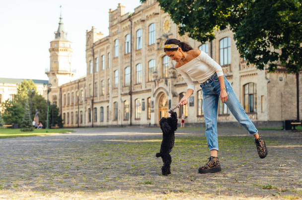 proprietário feliz se divertindo com um jovem cão engraçado na rua. Senhora em roupas casuais elegantes brincando com animal de estimação em uma caminhada. - Foto, Imagem