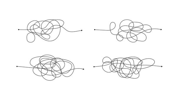Набір з чотирьох складних неправильних шляхів з безладними лініями. Чорні лінії з початковою точкою і стрілкою в кінці ізольовані на білому тлі. Векторні ілюстрації
 - Вектор, зображення